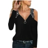 wish Women's V-neck zipper shoulder strap chain hot diamond top T-shirt for the 2022 autumn/Winter new independent station Item Picture